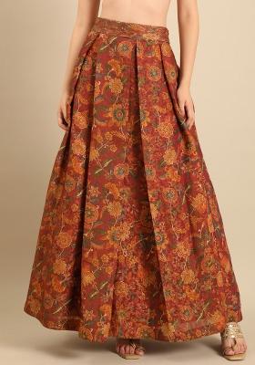Brown Printed Chanderi Lehenga Set
