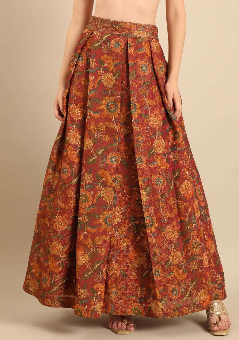 Brown Printed Chanderi Lehenga Set