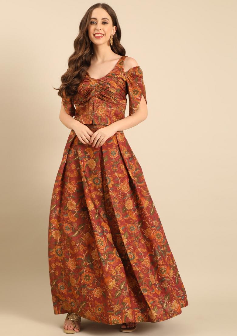 Brown Printed Chanderi Lehenga Set - Indya