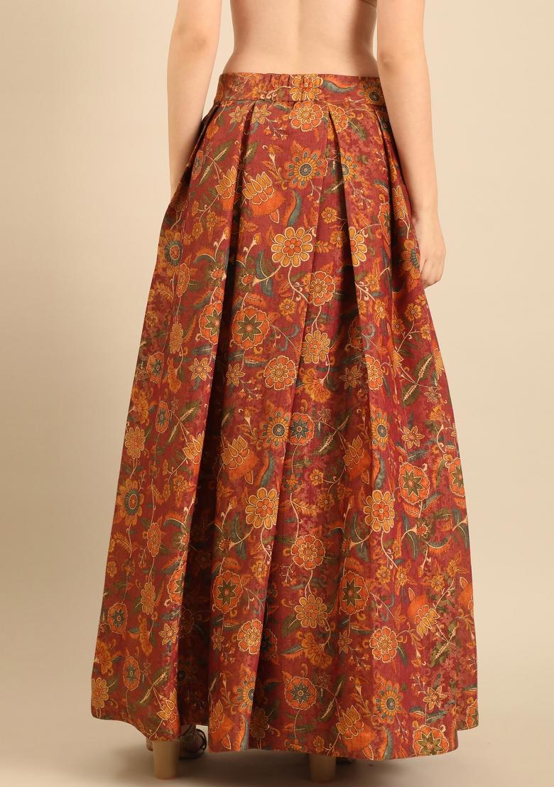 Brown Printed Chanderi Lehenga Set