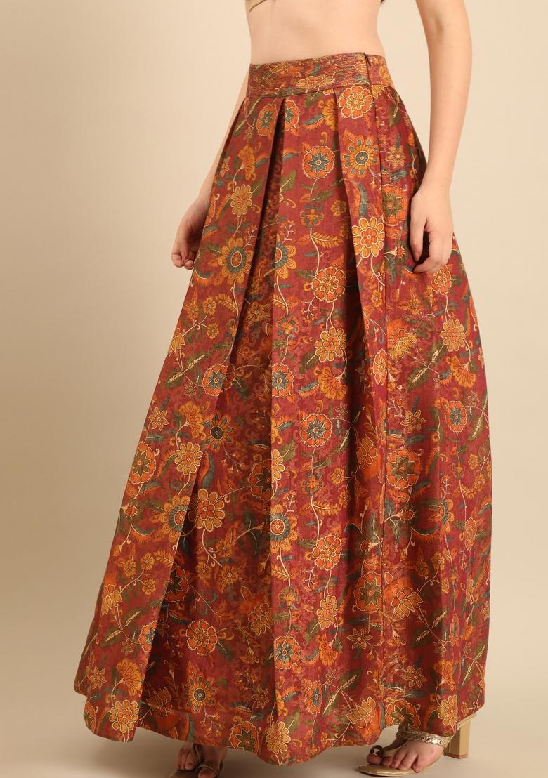 Brown Printed Chanderi Lehenga Set - Indya