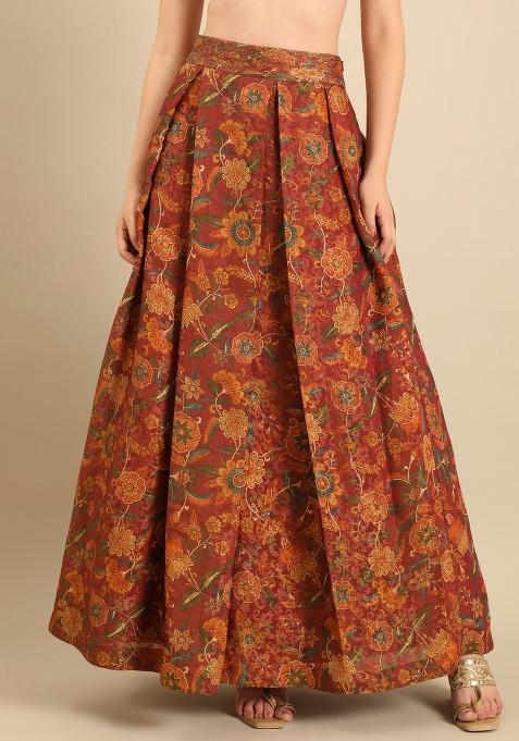 Brown Printed Chanderi Lehenga Set