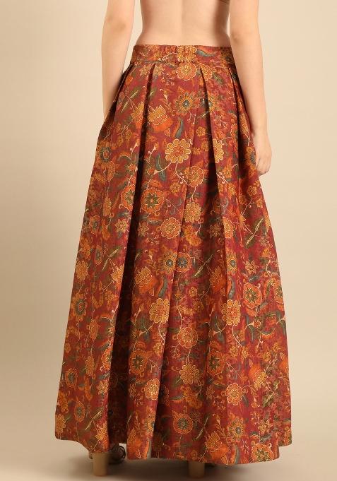 Brown Printed Chanderi Lehenga Set