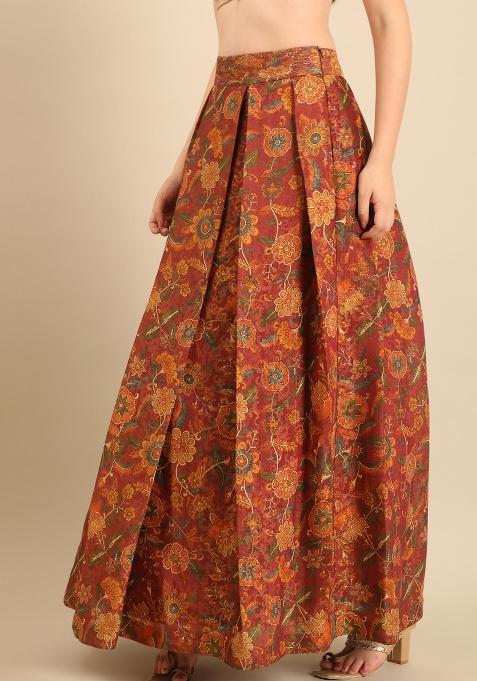 Brown Printed Chanderi Lehenga Set