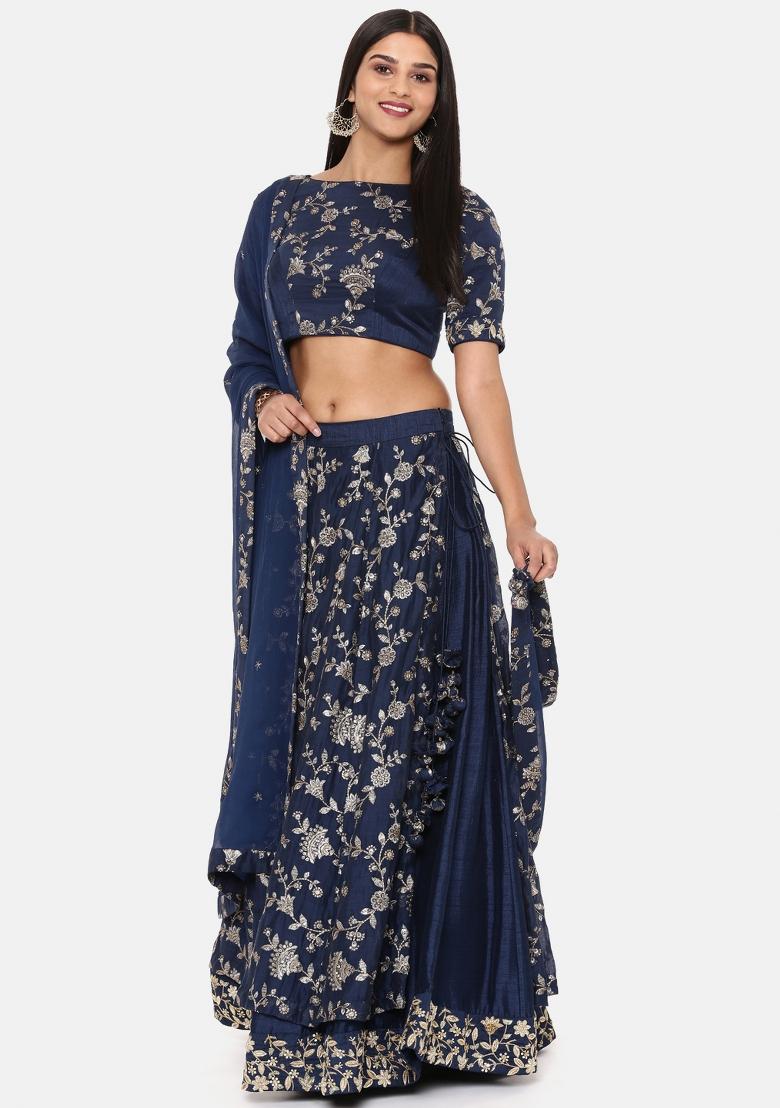 Blue Embroidered Silk Lehenga Set - Indya