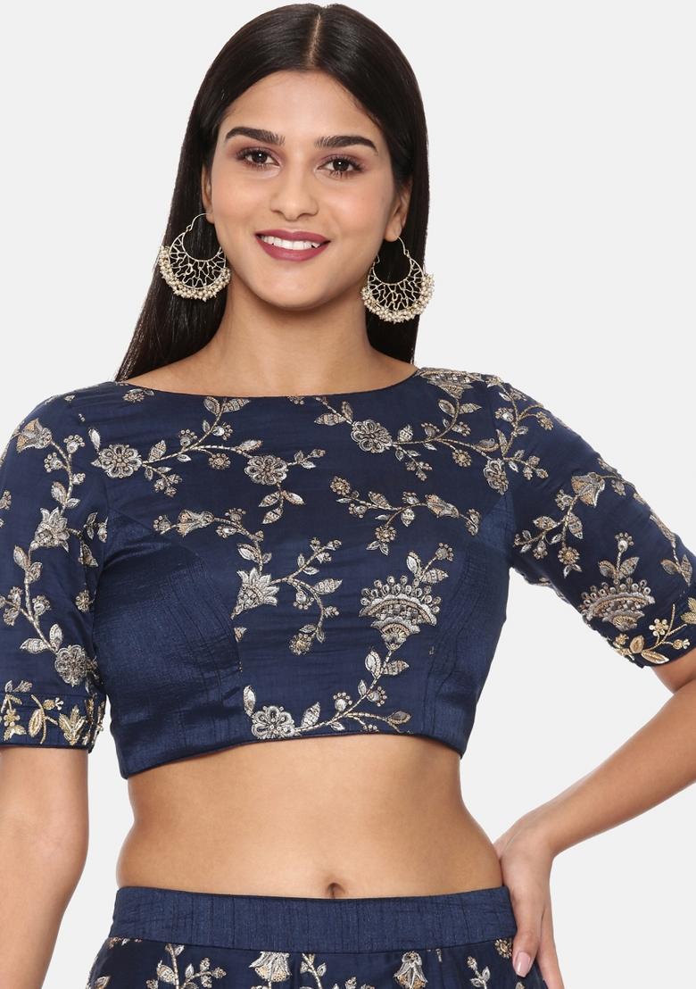 Blue Embroidered Silk Lehenga Set - Indya