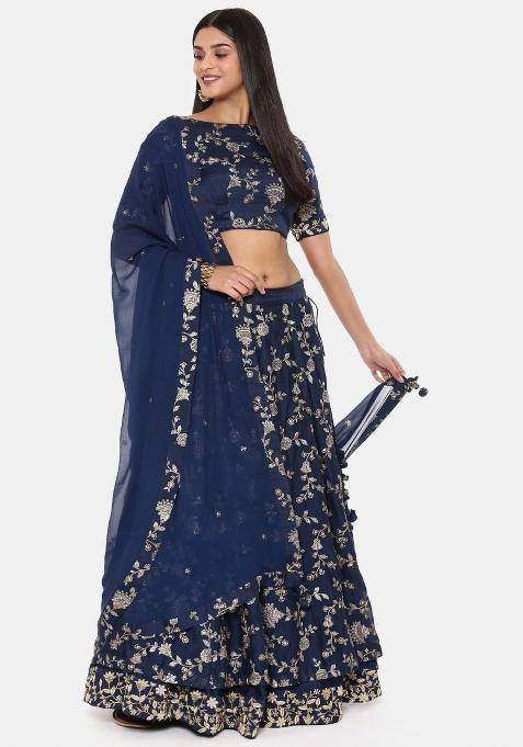 Blue Embroidered Silk Lehenga Set — view on Indya