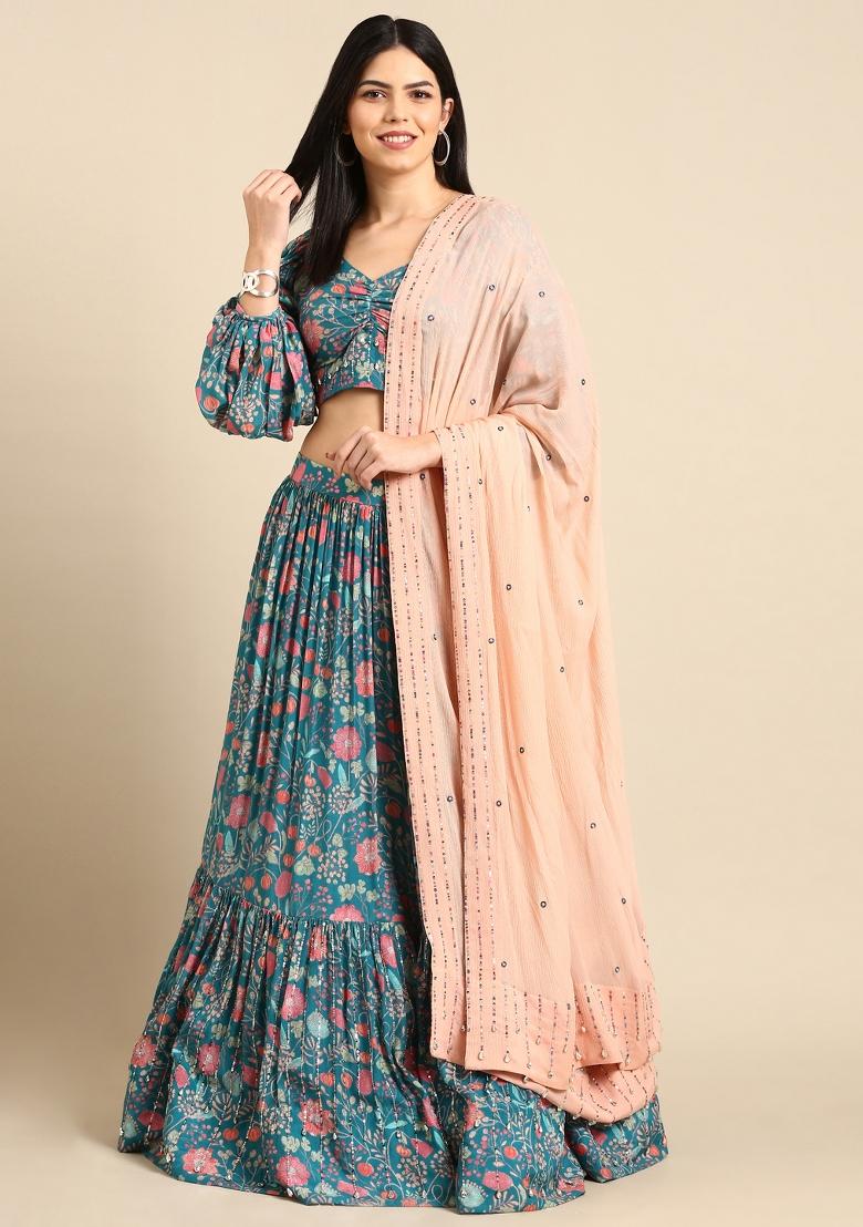 Blue Printed Muslin Lehenga Set