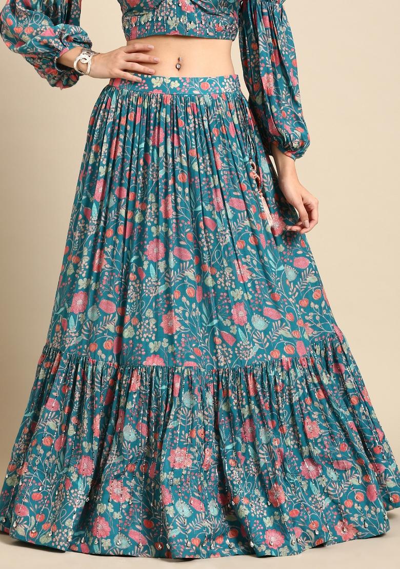 Blue Printed Muslin Lehenga Set