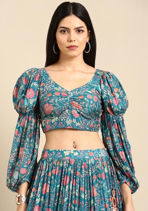 Blue Printed Muslin Lehenga Set