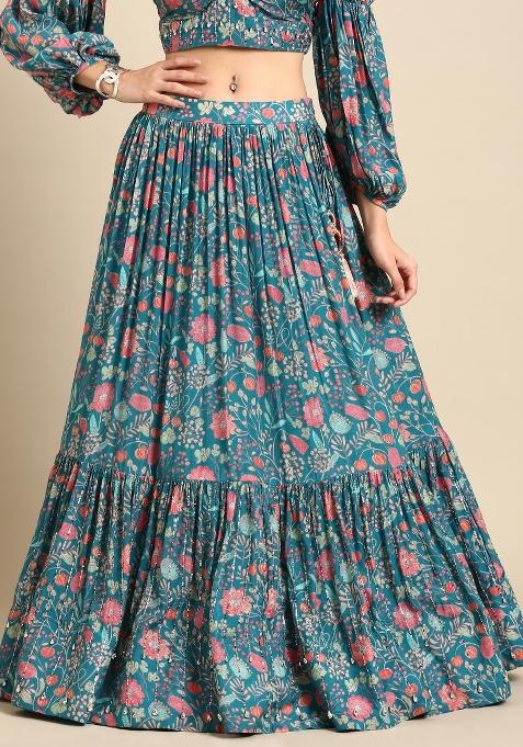 Blue Printed Muslin Lehenga Set