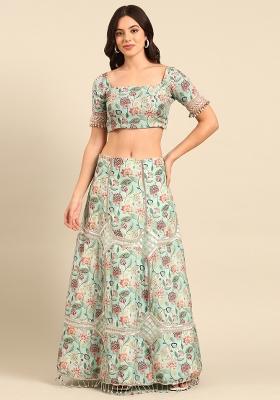 Blue Printed Silk Lehenga Set