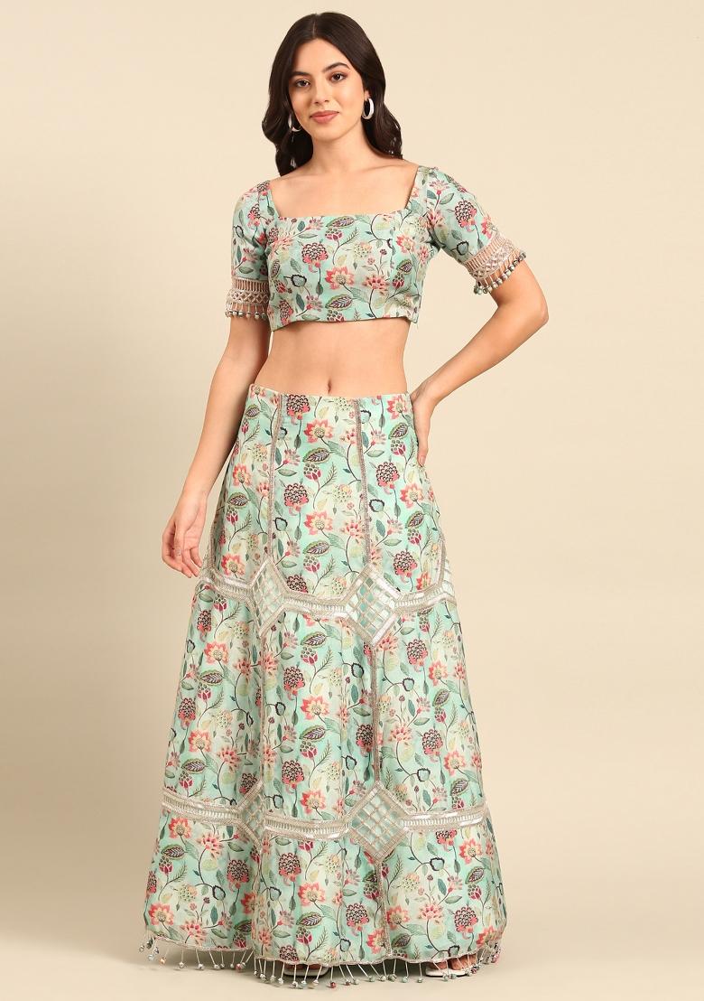 Blue Printed Silk Lehenga Set