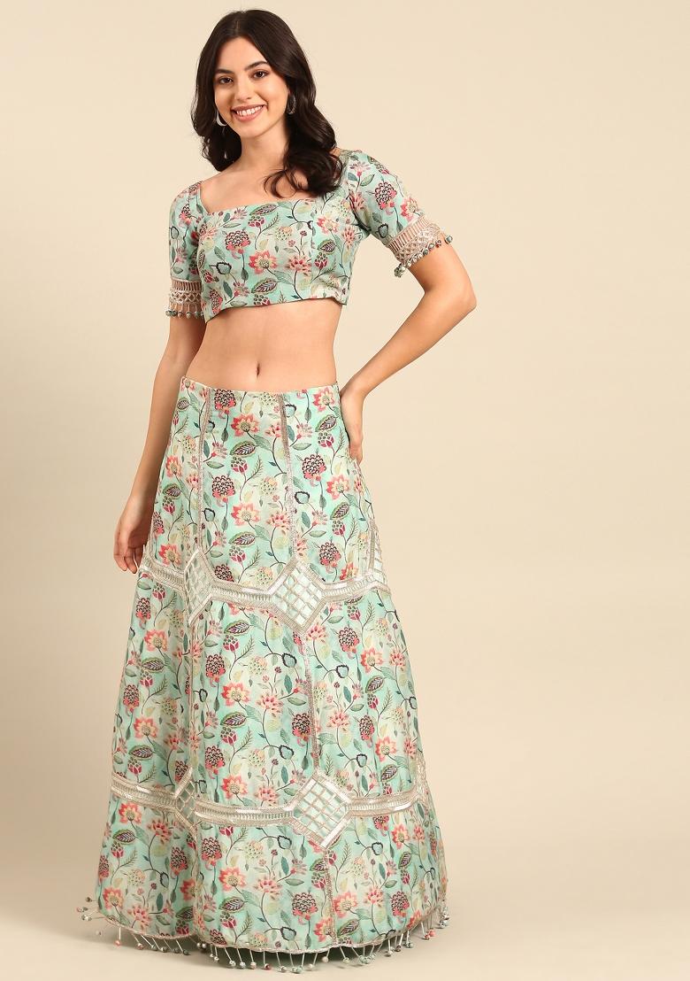 Blue Printed Silk Lehenga Set