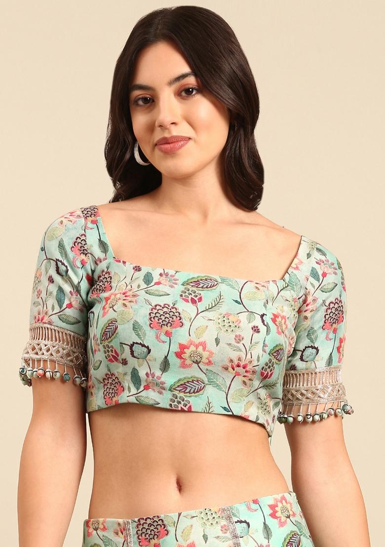 Blue Printed Silk Lehenga Set