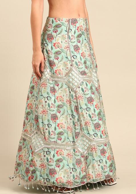 Blue Printed Silk Lehenga Set