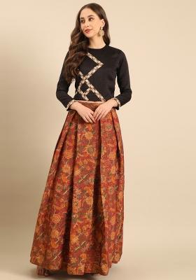 Black And Brown Printed Silk Lehenga Set