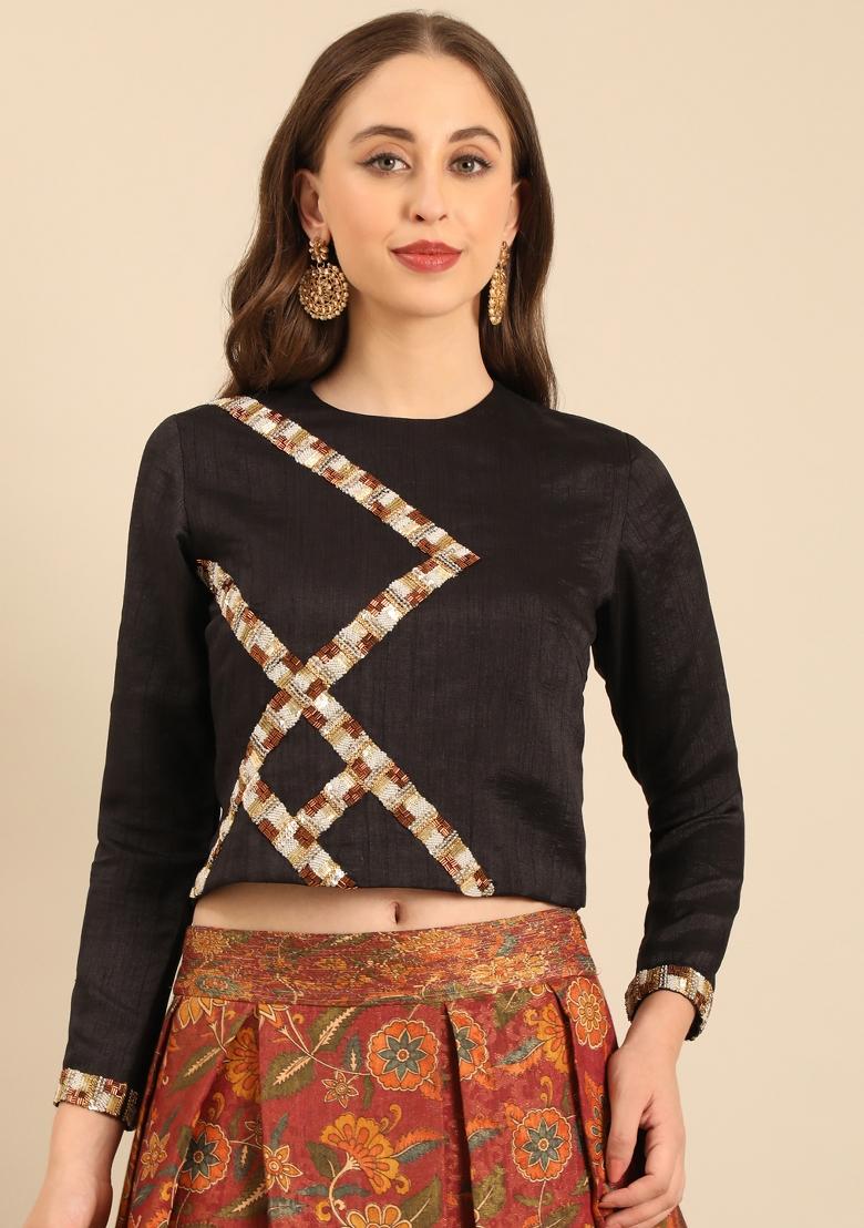 Black And Brown Printed Silk Lehenga Set - Indya