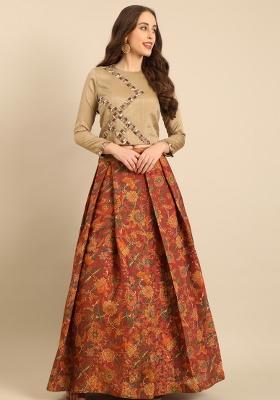 Gold And Brown Printed Silk Lehenga Set