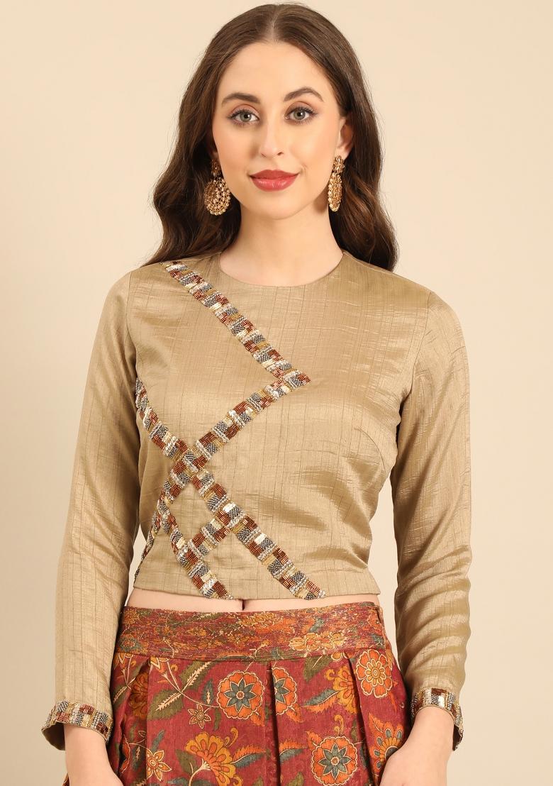 Gold And Brown Printed Silk Lehenga Set