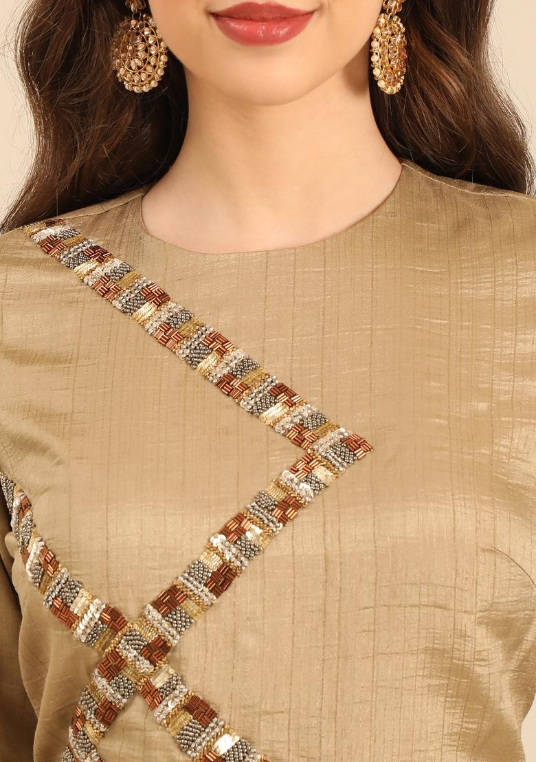 Gold And Brown Printed Silk Lehenga Set