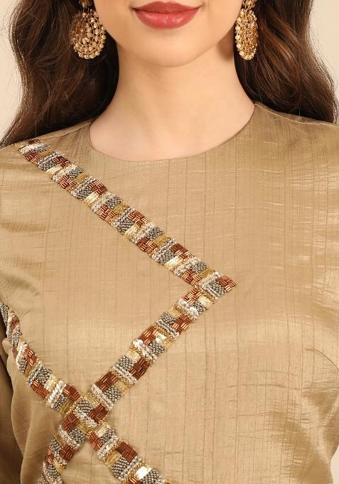 Gold And Brown Printed Silk Lehenga Set