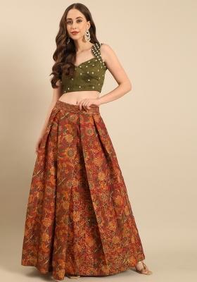 Green And Brown Printed Silk Lehenga Set