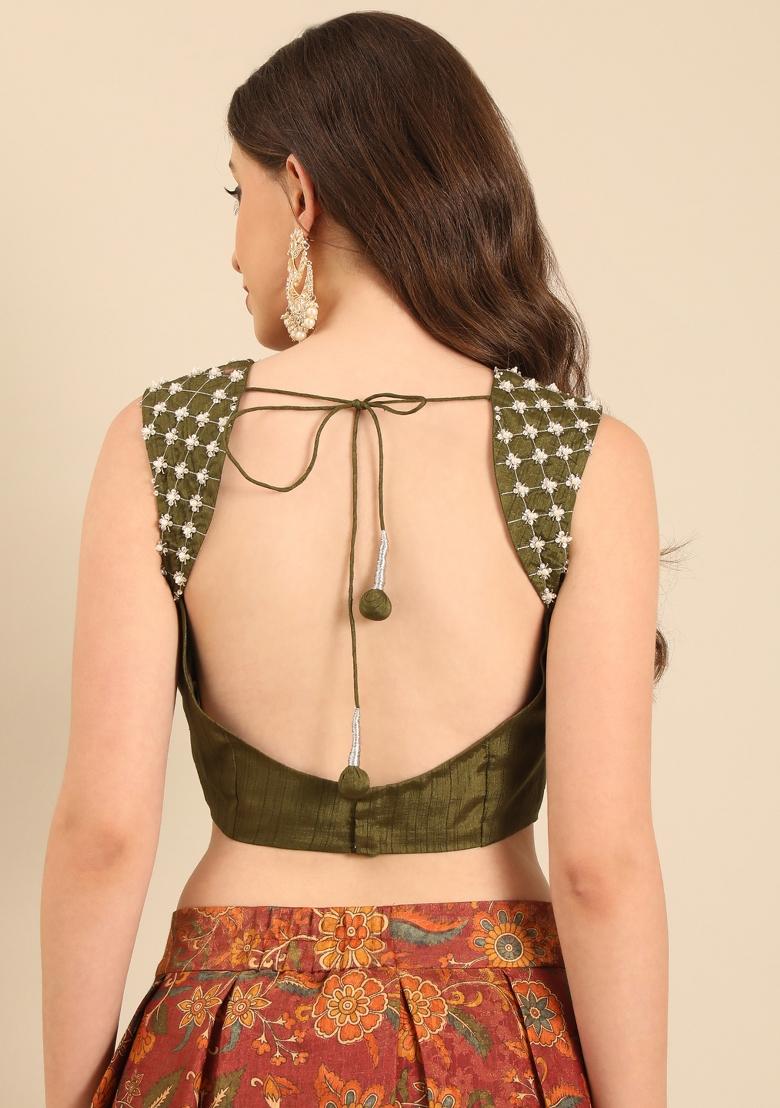 Green And Brown Printed Silk Lehenga Set