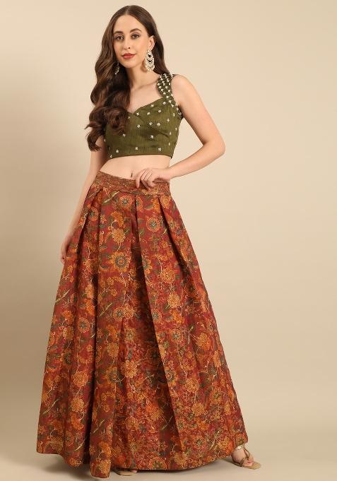 Green And Brown Printed Silk Lehenga Set