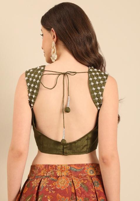 Green And Brown Printed Silk Lehenga Set