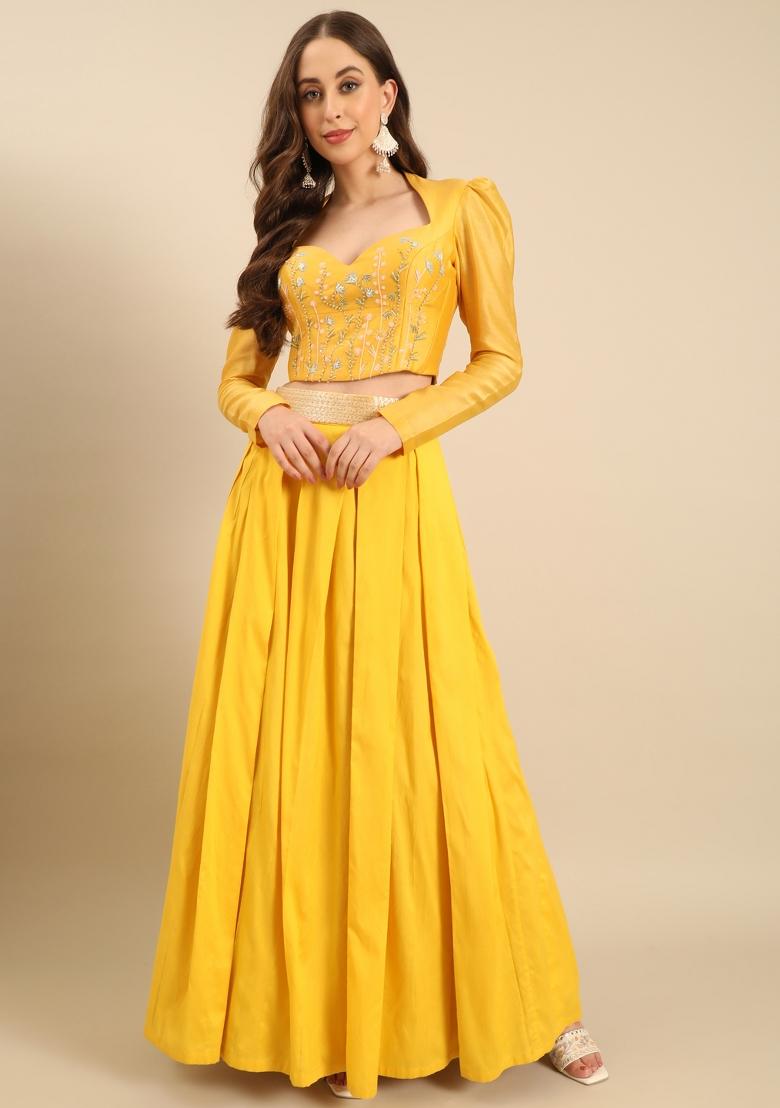 Yellow Solid Silk Lehenga Set