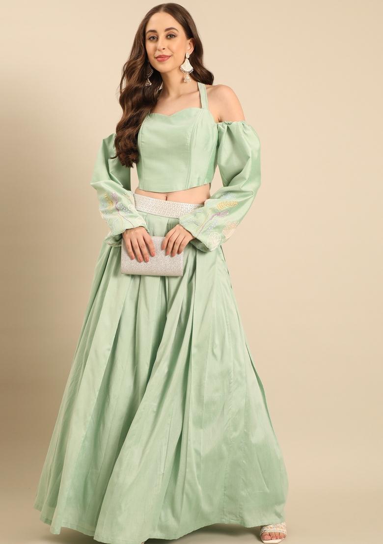 Green Solid Cotton Lehenga Set