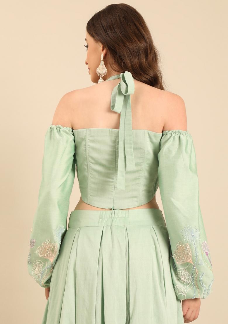 Green Solid Cotton Lehenga Set