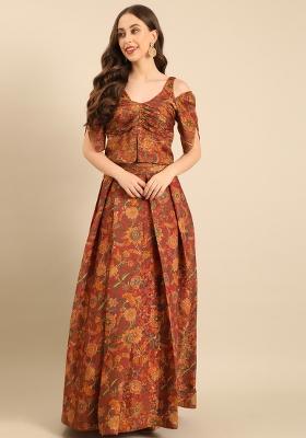 Brown Printed Chanderi Lehenga Set