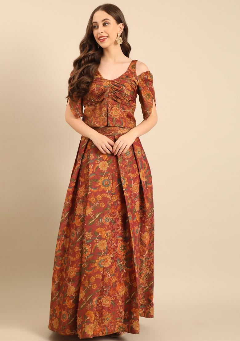 Brown Printed Chanderi Lehenga Set