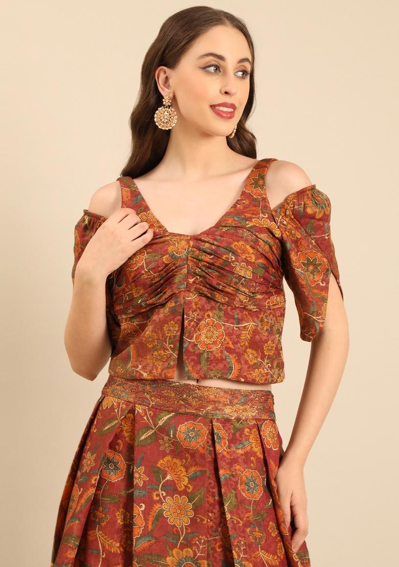 Brown Printed Chanderi Lehenga Set - Indya