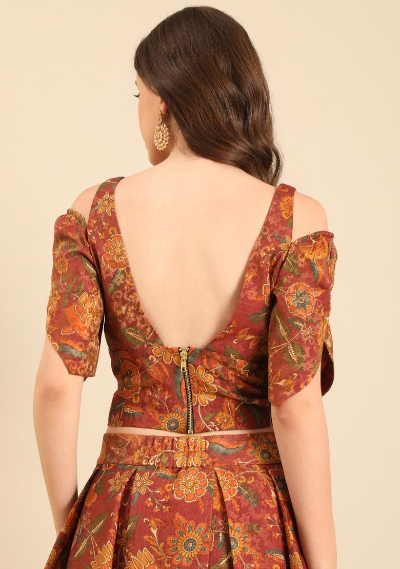 Brown Printed Chanderi Lehenga Set