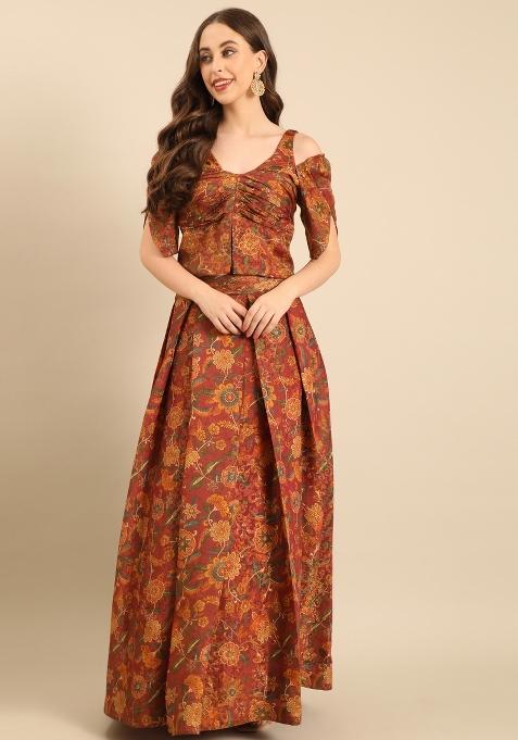 Brown Printed Chanderi Lehenga Set
