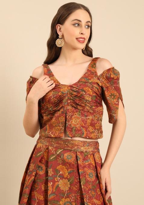 Brown Printed Chanderi Lehenga Set