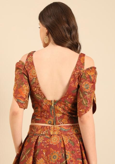 Brown Printed Chanderi Lehenga Set