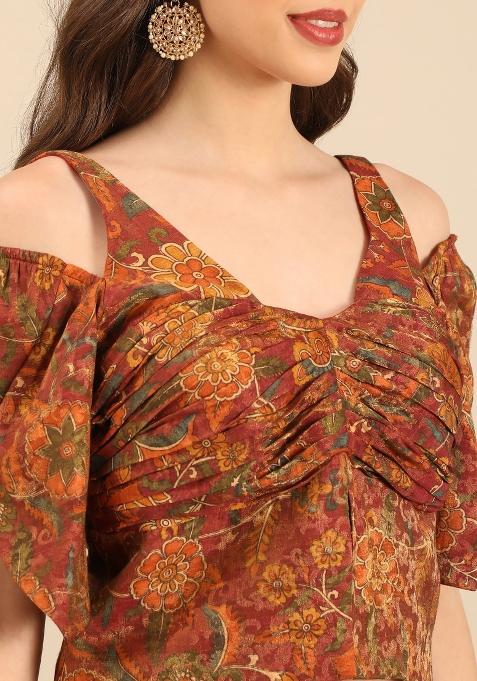 Brown Printed Chanderi Lehenga Set