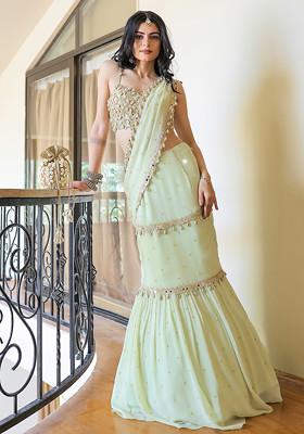Mint Green Mirror Embroidered Mumtaz Pre-Draped Saree Set