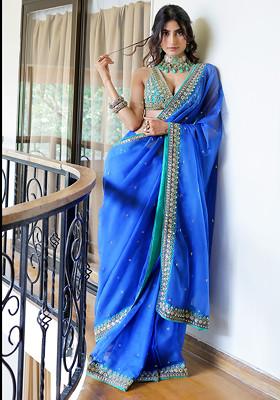 Blue Embroidered Organza Saree Set