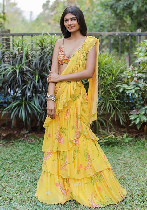 Yellow Floral Print Ruffled Pre-Draped Saree Set