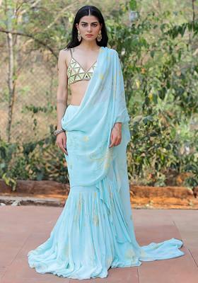 Blue Printed Hand Embroidered Ruffle Pre-Draped Saree Set