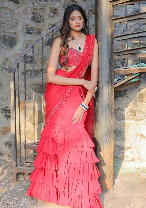 Red Mirror Embroidered Ruffled Pre-Draped Saree Set