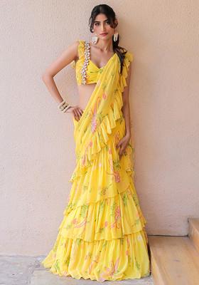 Yellow Floral Print Pre-Draped Ruffled Saree Set