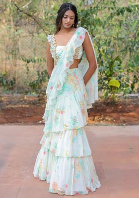 White Floral Print Pre-Draped Ruffled Saree Set