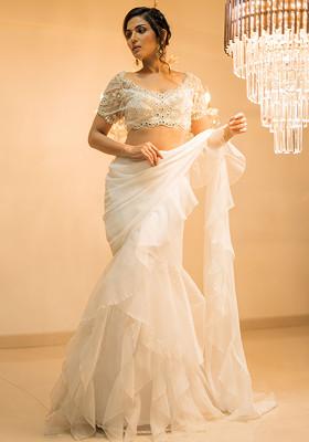 White Mirror Embroidered Organza Pre-Draped Ruffle Saree Set With Belt