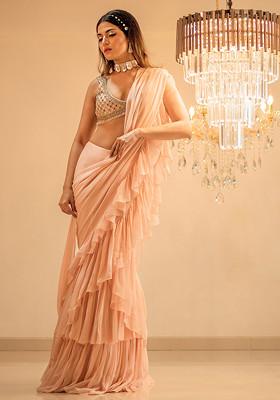 Pink Mirror Work Pre-Draped Ruffle Saree Set